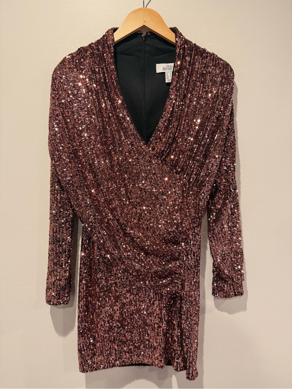 Belle Badgley Mischka Sequin Copper Bronze Long Sleeve Wrap Front Mini Dress